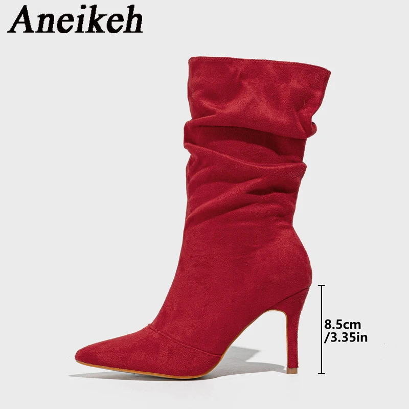 Aneikeh NEW Fashion Mid-Calf Boots Sexy Flock Sewing Pleated Pointed Toe Zippers for Thin High Heels Wedding Women Shoes Apricot