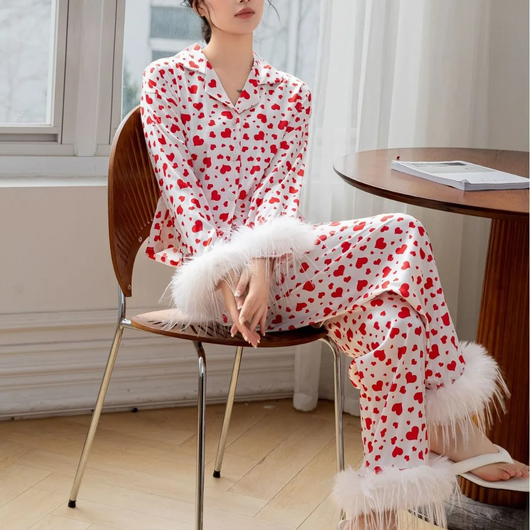 

New High-end Pajama Women's Long Sleeved Pants Set Fashionable Light Luxury Pure Desire Love Hairy One Pattern Home