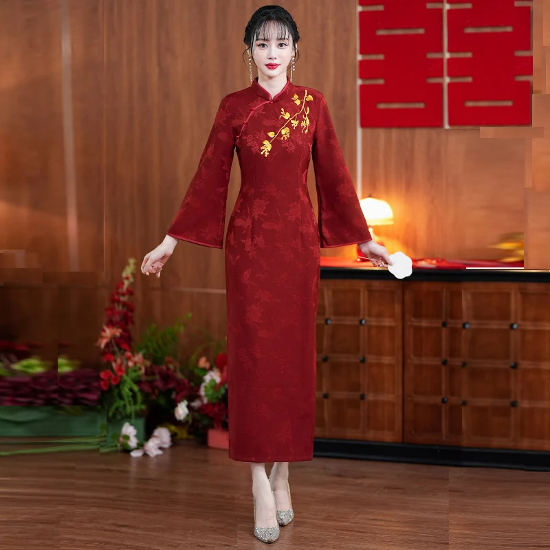 Burgundy Qipao Cheongsam Maxi Dress Gold Floral Embroidery Flare Sleeve Wedding Gown