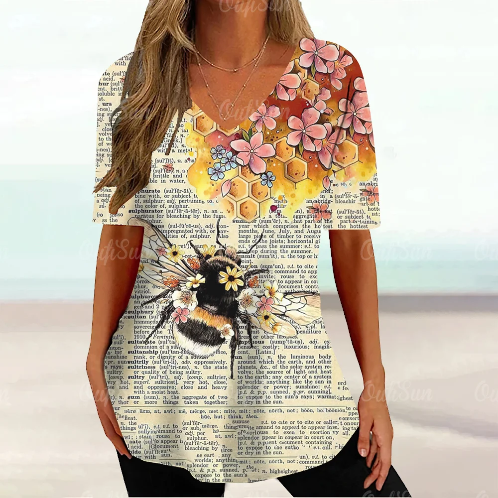 Women\'s T-Shirt 3d Print Bee Floral Graphic Shirts Top Fashion Casual V-Neck Female Tees Popular Loose Street Woman Clothing