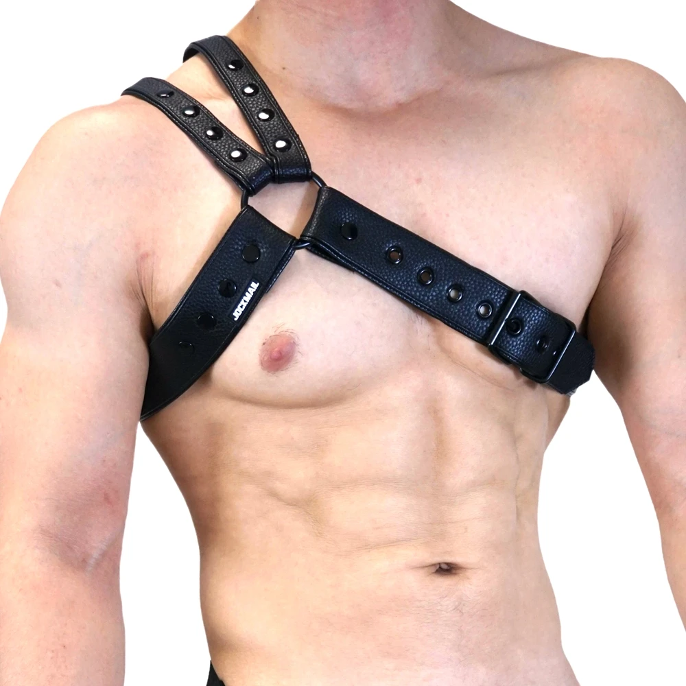 Men's Leather Tri Harness Chest Armor Buckles Adjustable Size Jockstrap Gay Costume.Adjustable Left and Right Shoulders