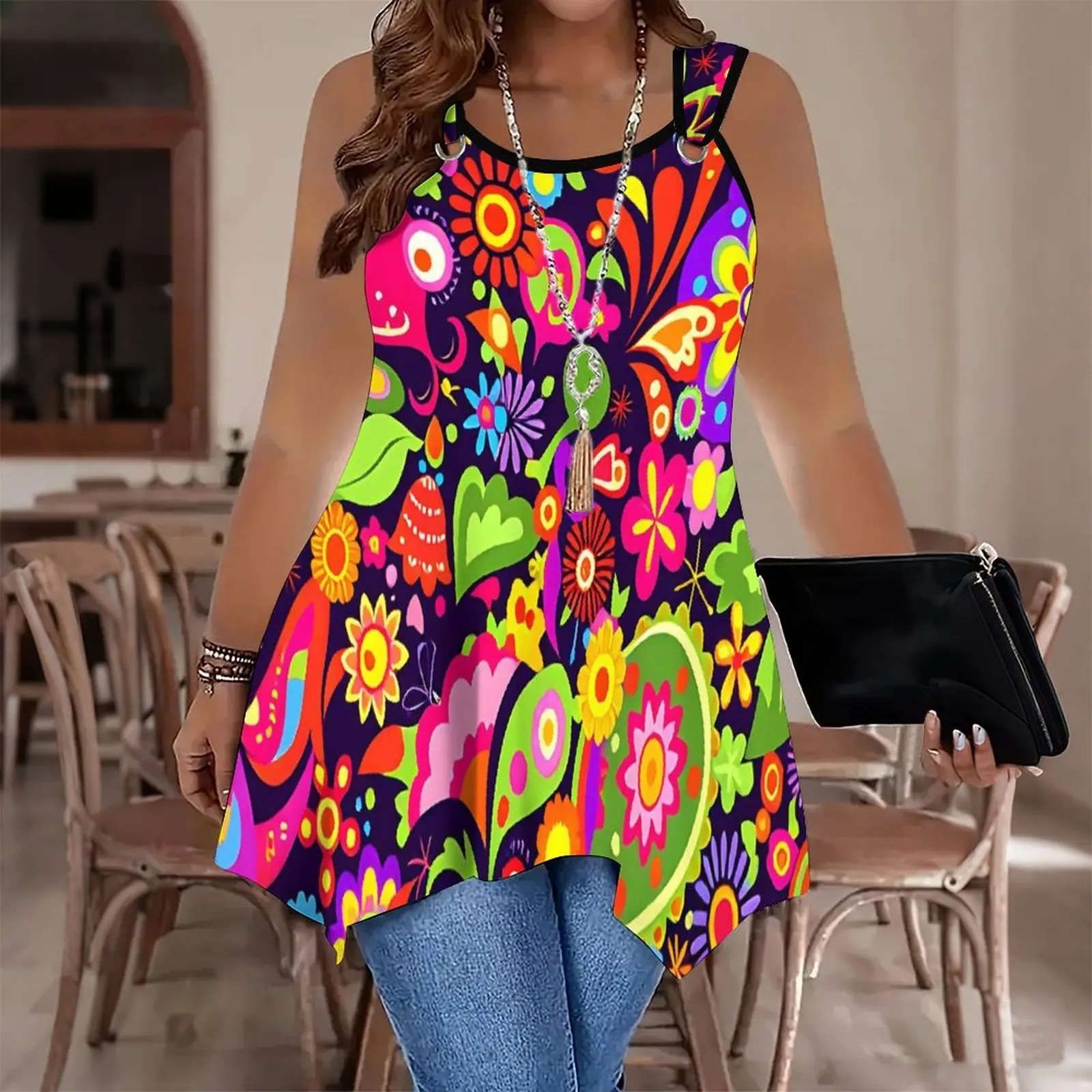 Women's Autumn/Winter Retro Print Round Neck Sleeveless Tank TopSlim  and Casual Wear