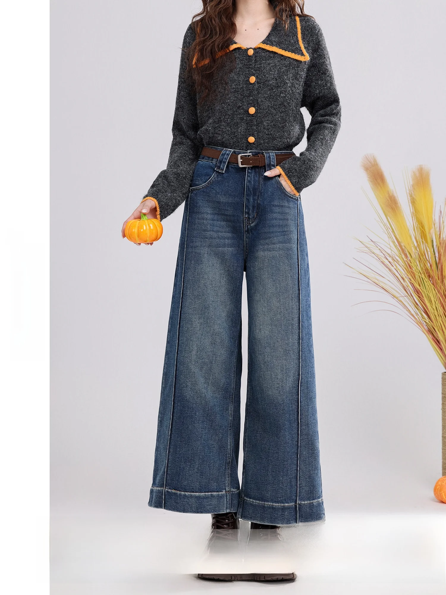 

Новые зимние женские джинсы с высокой талией, широкими штанинами, утолщенные, с эффектом потертости, в стиле ретро, синие, хлопковые, повседневные брюки