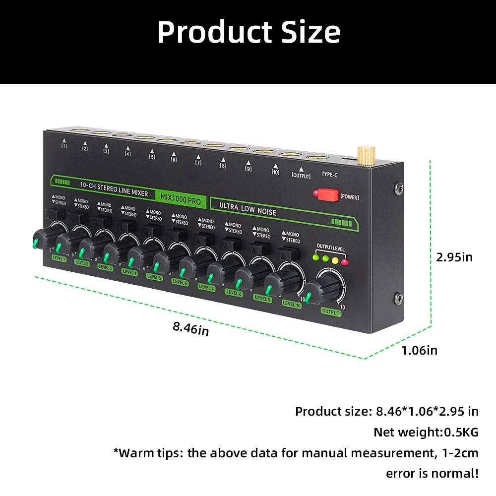 10 Channel Sound Mixer Low Noise LED Sound Mixer for Sub-Mixing Stereo Switcher