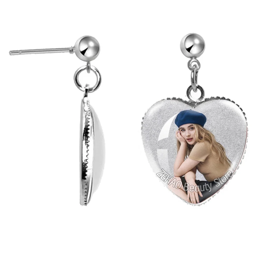 Hot Famous Character Sabrina Carpenter Creative Funny Singer 20mm Heart Earring Stud Accessories Glass Pendant For Fans Gift