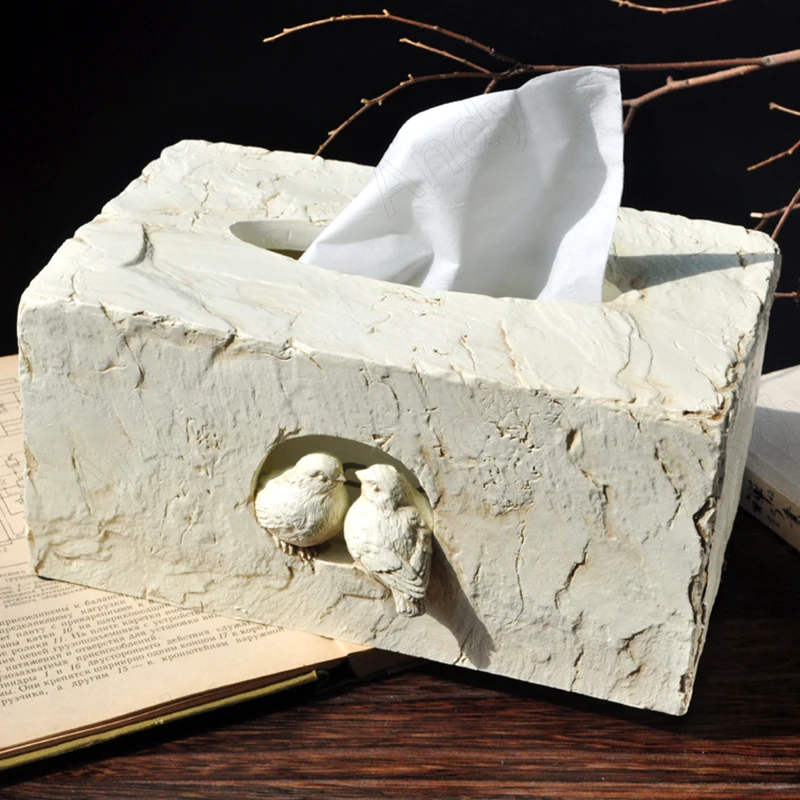 

Retro Resin Tissue Box Hand Carved Magpie Decorative Living Room Paper Boxes Office Desktop Napkin Organizer Home Decoration