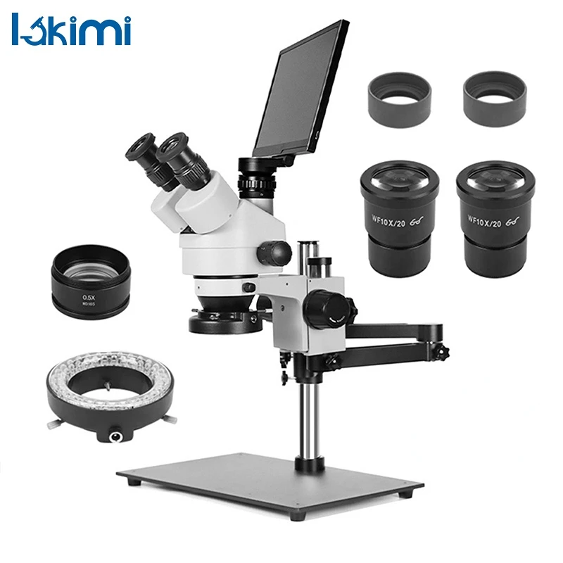 Lakimitools Trinocular Stereo Microscope, 7X-45X, LCD Digital, LED Light, Articulating Stand,LK-MH02B