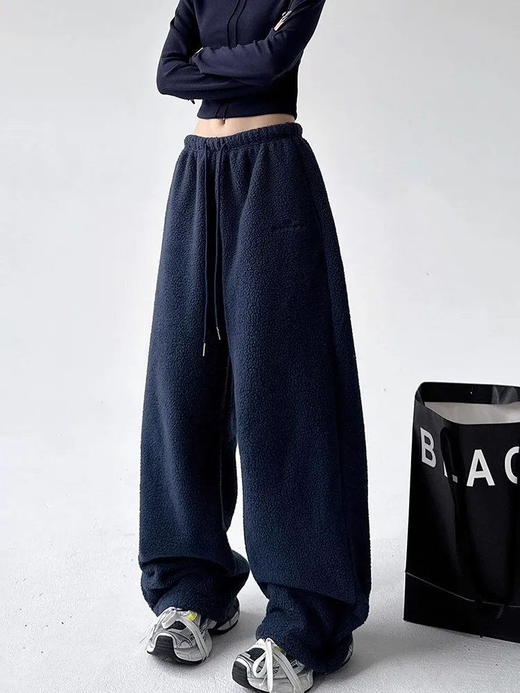 High Waist Drawstring Straight Leg Pants Women's Thickened Winter Casual Trousers Korean Style Warm Woolen Fleece Lined