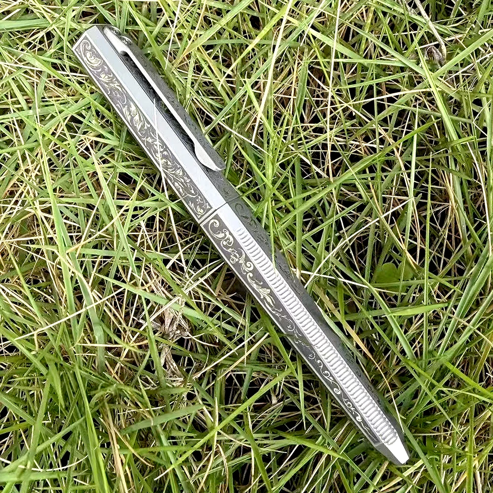 Titanium alloy TC4 Tang Grass Pattern Carving Tactical Pen, Multifunctional Tungsten Steel Head Window Breaking Survival Pen