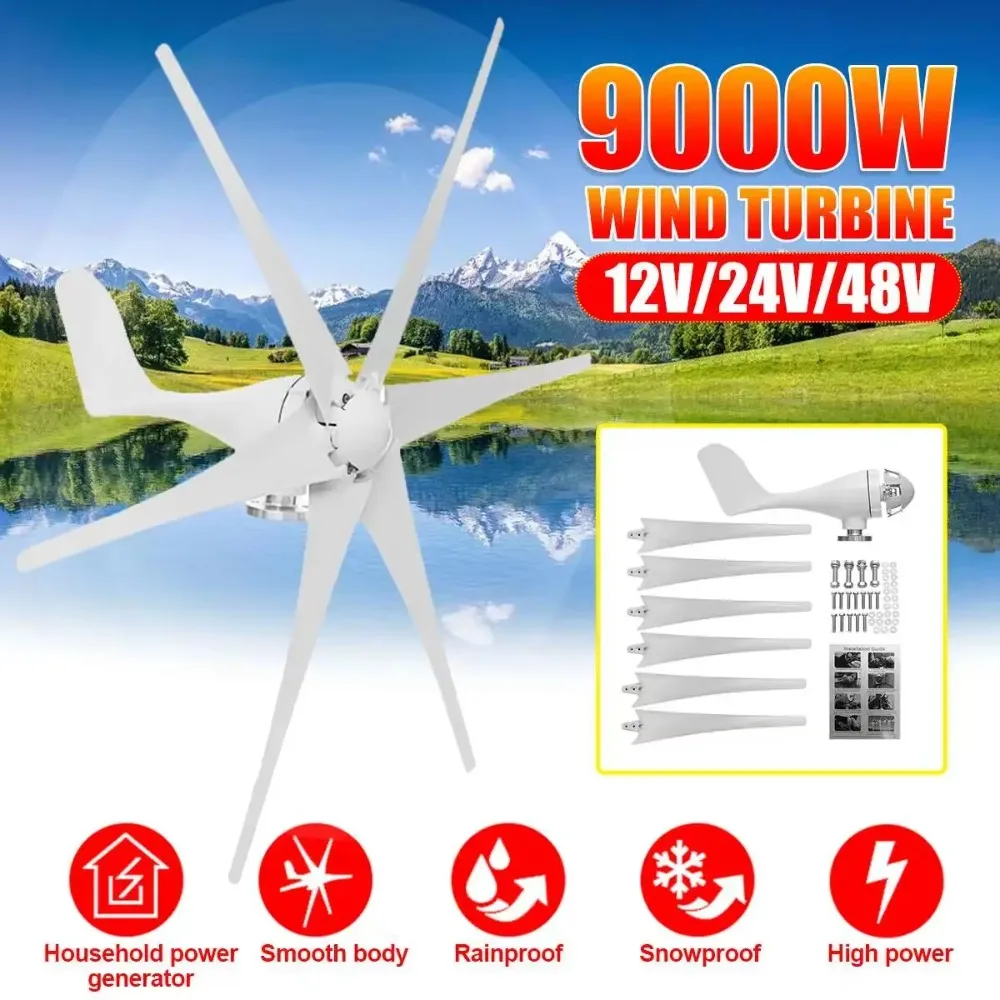 9000W Wind Turbine Generator 12V/24V/48V, 6 Blades Horizontal Home Power Windmill Energy Charger