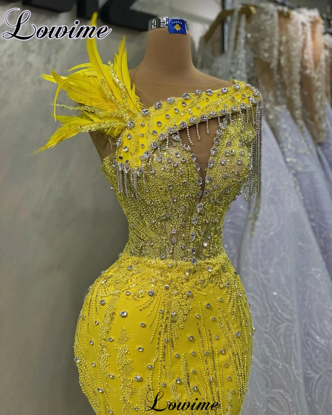 Special Yellow Evening Dresses Mermaid Crystals Celebrity Dresses For Women Cat Walk Coutures Robes De Soirée Pageant Gowns