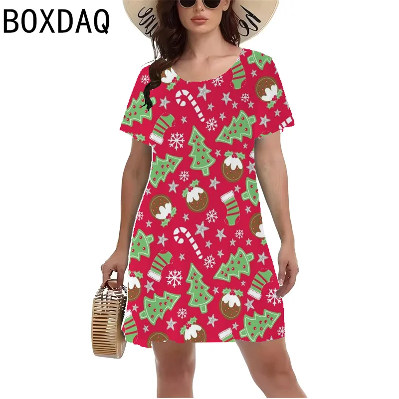 Ladies' New Christmas Collection Style Dress 3D Elk Printed Mini Dress Summer Women Short Sleeve O-neck Casual A-Line Dress