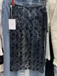 Kadınlar See Through Glitter Sequins dantel etek Y2k rahat kore moda bandaj bölünmüş etekler Harajuku estetik tatlı etek Mujer