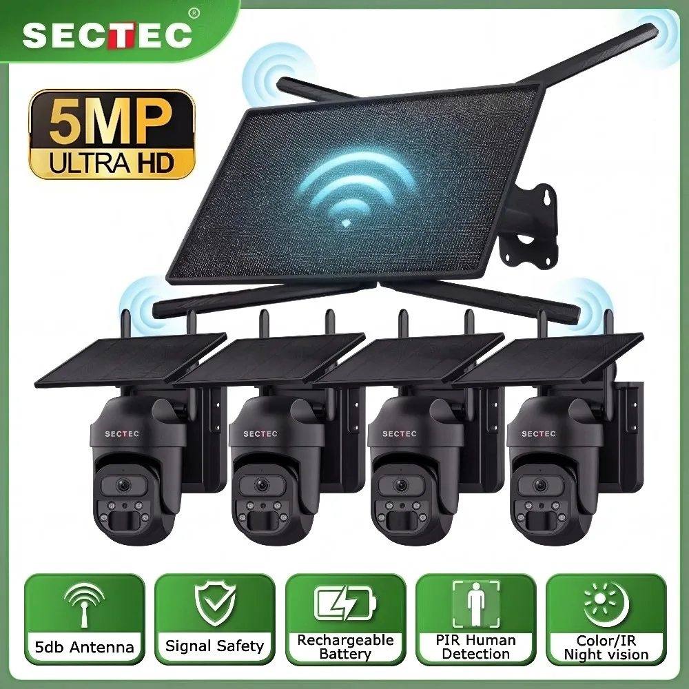 SECTEC 4G WiFi Solar Router 10W  with SIM Card Slot WiFi Range Coverage 50M + 4 Cameras WiFi PTZ Solar Security Camera  IP66