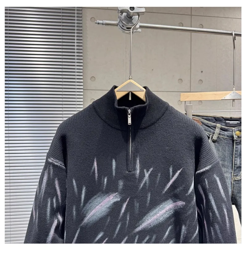 Stand Collar Zipper Black Sweater Men's Autumn Winter Pullover Jacket Inner Wear Trendy Youth Half Turtleneck Knitwear