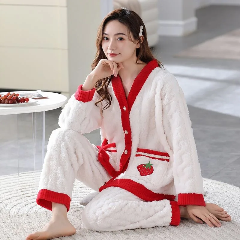 

2024 New Winter Pajamas Women's Coral Fleece Loungewear Small Plus Fleece Thickened Sleepwear Two Piece V-neck Homewear Set