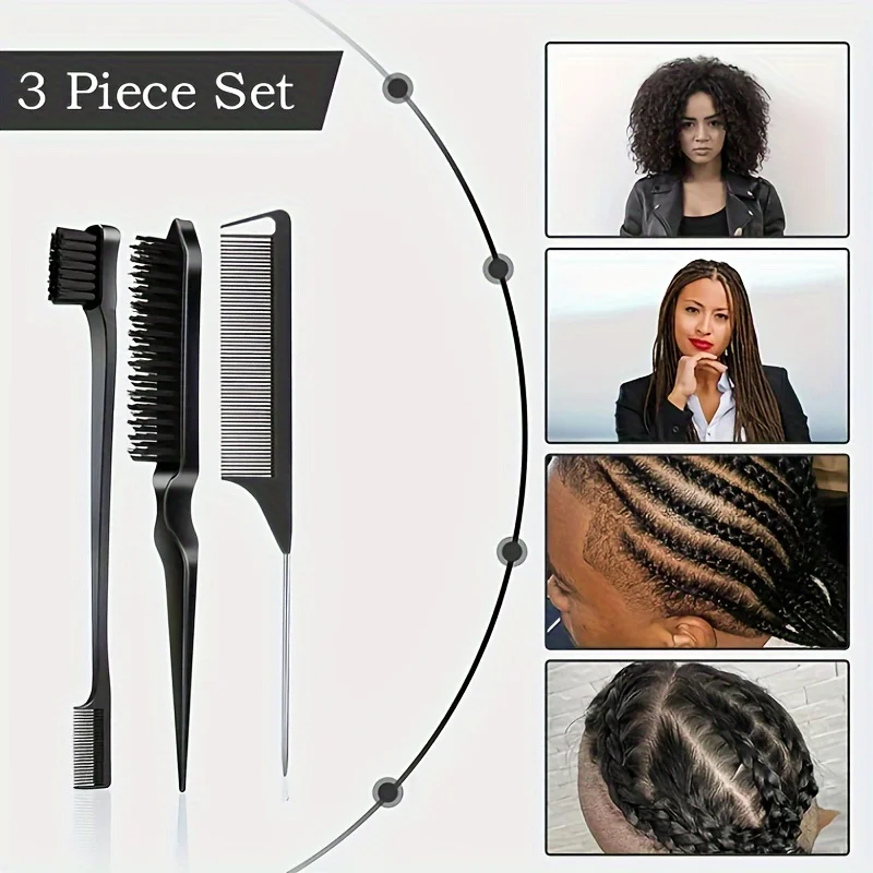 3PCS Hair Brush Set 6-colors Comb set Hair Styling Comb Including Dual Sided Edge Brush & Rat Tail Comb for Women Girl Barber