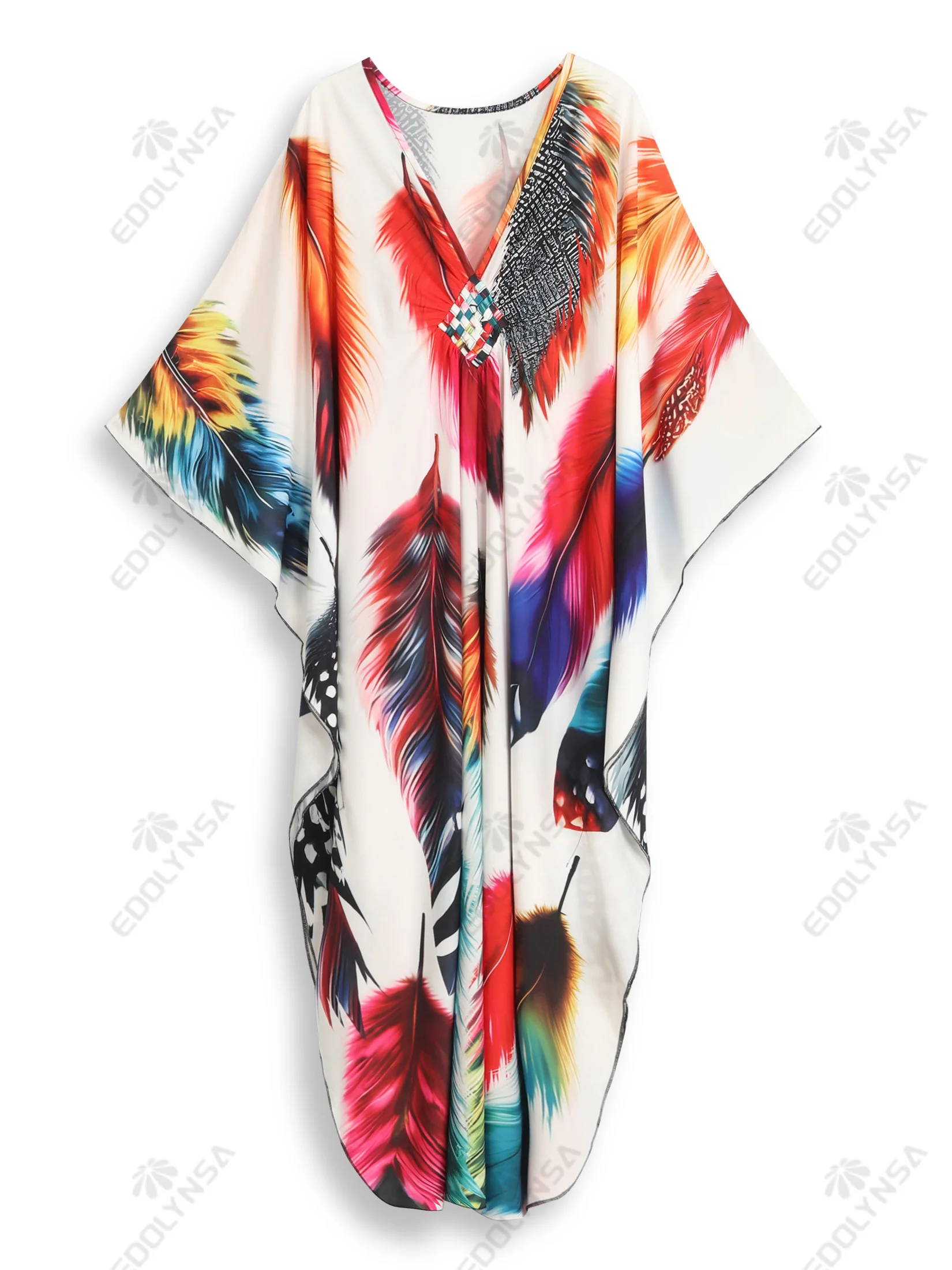 Bohomian Colorful Printed Long Sleeve Kaftan Dress Oversize Beach House Robe 2024 Summer Vacation Cozy Maxi Dresses Q1634