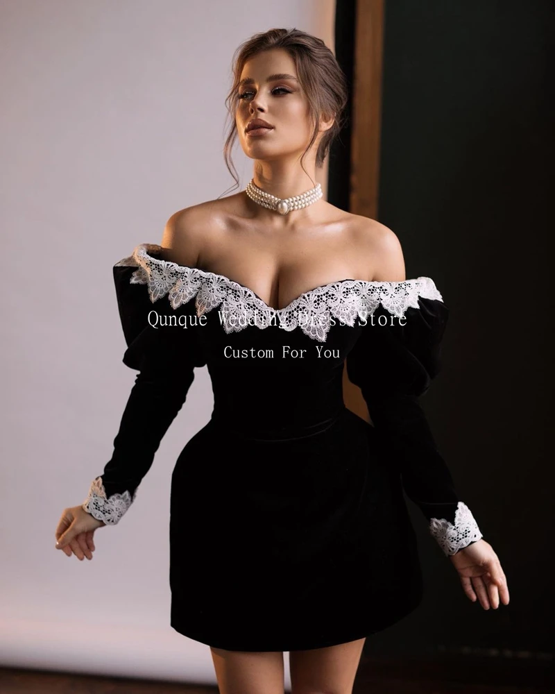 Qunque Velour Prom Dress Long Sleeves Homecoming Dress Lace Short Birthday Dresses Customized Vestidos Para Eventos Especiales