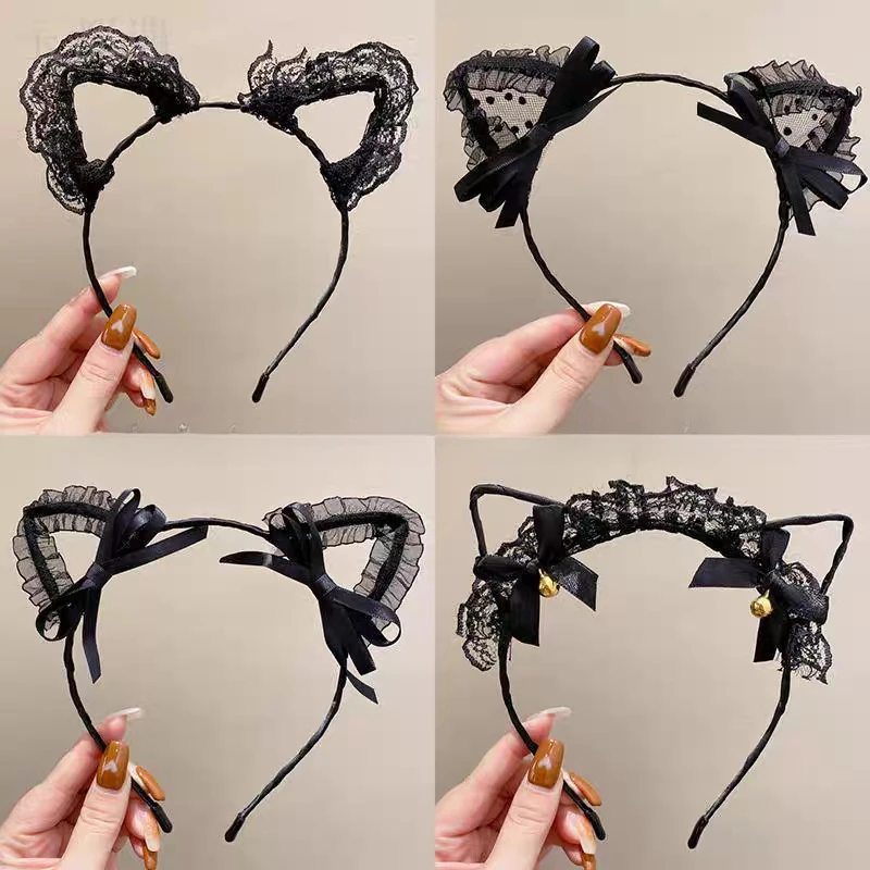 Lace Cat Ear Headbands Animal Ears with Rhinestone Chains Adjustable Clip Sexy Cosplay Hair Accessories for Halloween Party