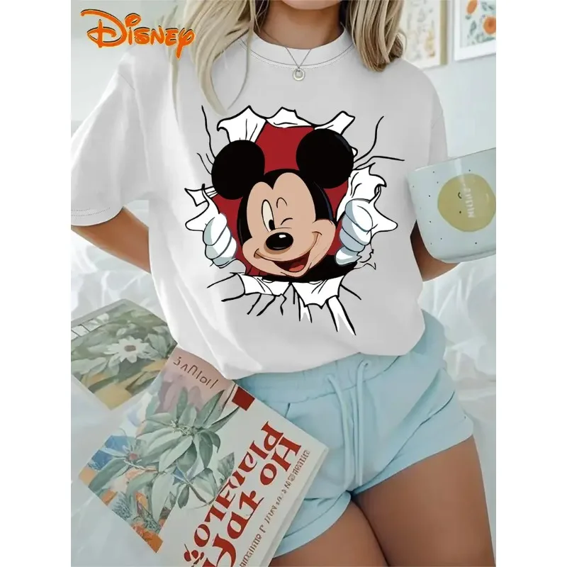 تي شيرت نسائي مضحك ميكي قطن بأكمام قصيرة ورقبة دائرية ملابس غير رسمية كبيرة الحجم للفتيات تي شيرت كارتوني للزوجين للجنسين ملابس الشارع
