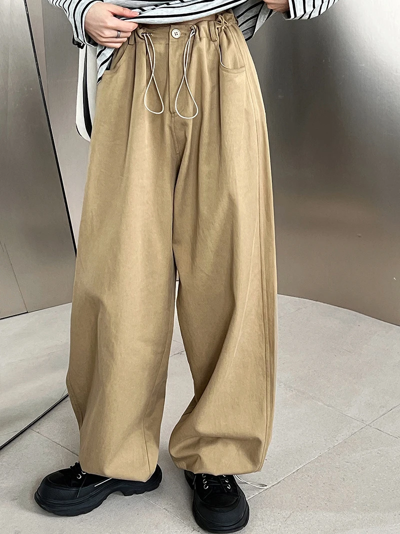 LANMREM Casual Wide Leg Pants For Women Drawstring Elastic Waist Loose Fitting Workwear Trousers 2024 Female New Clothing 2Z1587