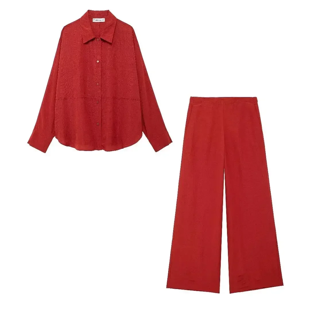 2024 Summer Female Suit Red Long Sleeve Single Breasted Fashion Turn-Down Collar Shirt+Pocket Zipper Wide Leg Pant Mujer