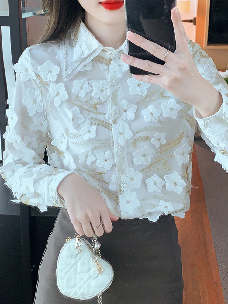 QOERLIN Long Sleeve Chiffon Shirt Women Elegant Fashion Embroidered Designer Tops Blouse Single-Breasted Tops 2023 Korean Style