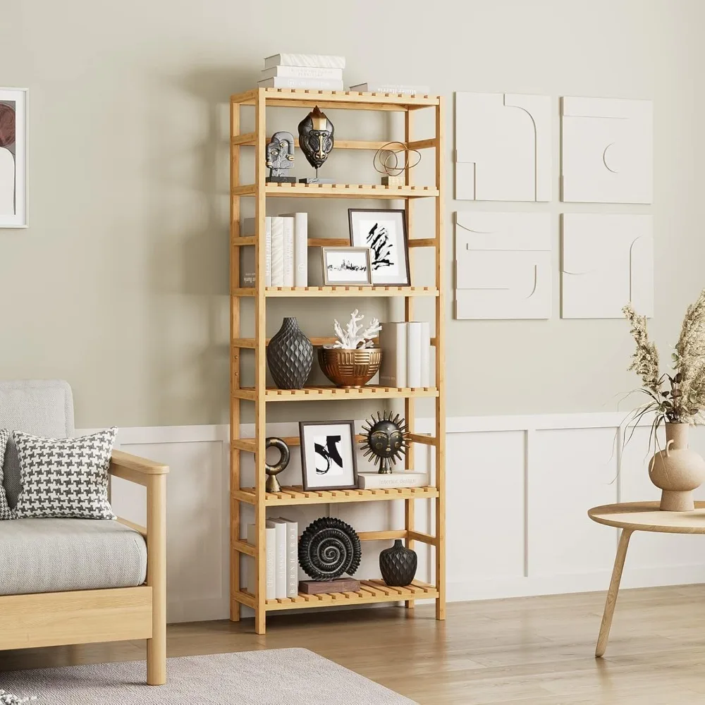 

Bamboo shelves, 6-tier bookshelf storage shelves, high bookshelf units, multi-functional storage display shelves adjustable