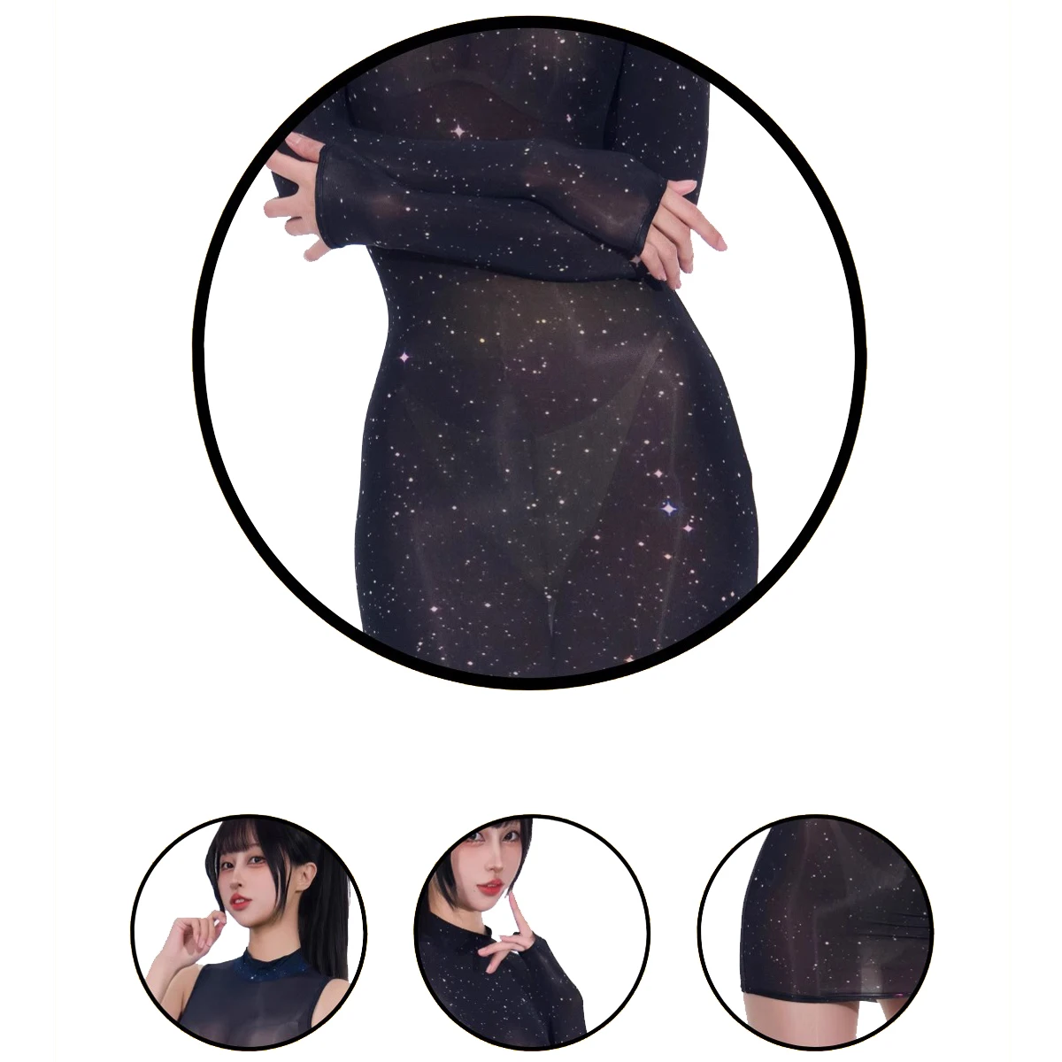 المرأة مثير 10D ستار سكاي طباعة دنة انظر من خلال تمتد كم طويل أو أكمام عالية الرقبة Hipwrap فستان خطوة واحدة تنورة قصيرة