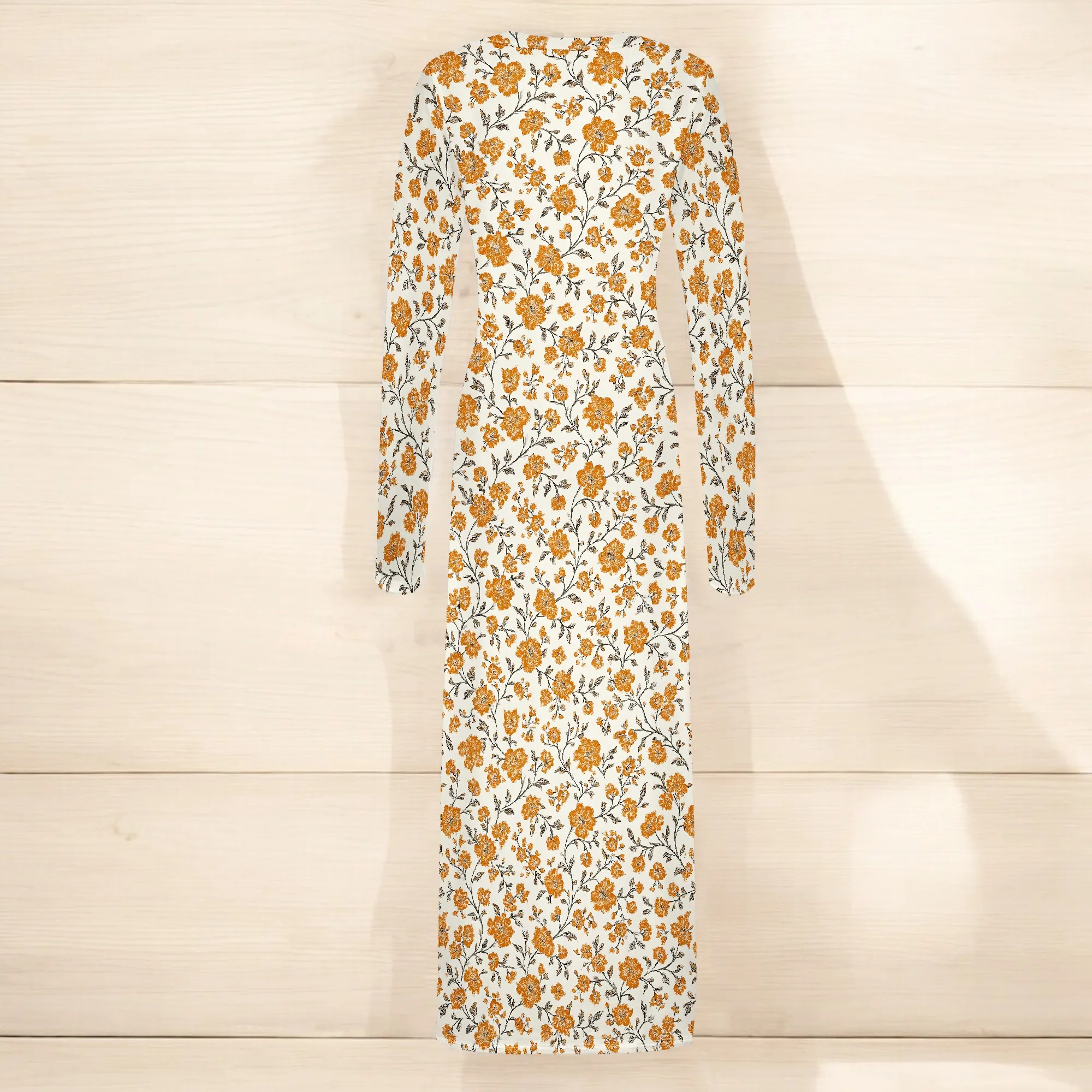 Abito lungo aderente da donna Autunno Primavera Moda Manica lunga Stampa floreale Abiti da club aderenti aderenti