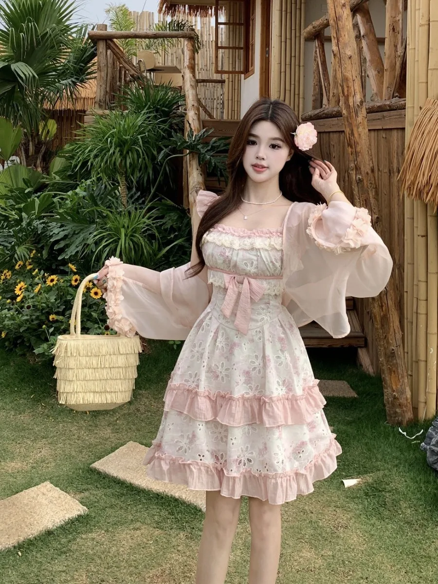 

plus Size Women's Sweet Style Embroidered Hollow out Short Sleeve Dress A-Line Skirt High Waist Summer New Fashion Dress