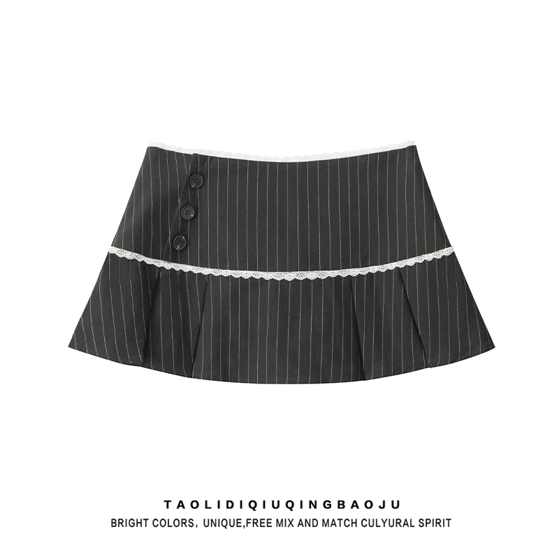 

Retro American Lace Splicing Stripes Women's Skirt A-Line Pleated Slimming Versatile Anti-Aging Commute Sle ort Skirt