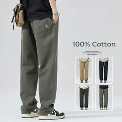 100% Cotton New Men's Elastic Waist Casual Wide Leg Pants Soft Cozy Breathable Drawstring Fashion Baggy Straight Trousers Male