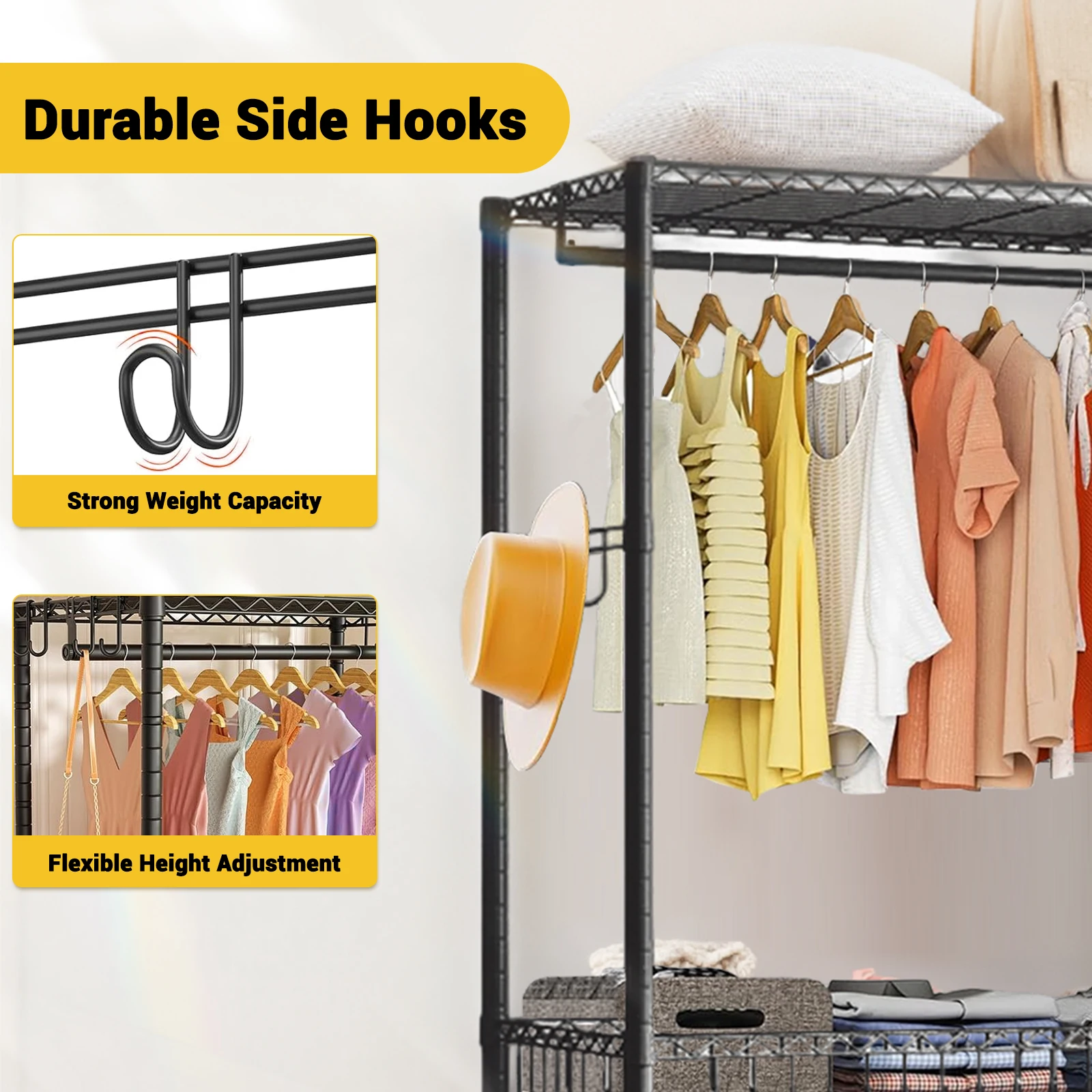 Heavy Duty Garment Rack, Portable Clothes Rack For Hanging Clothes, Wardrobe Storage Rack With 2 Shelves And 1 Hang Rod