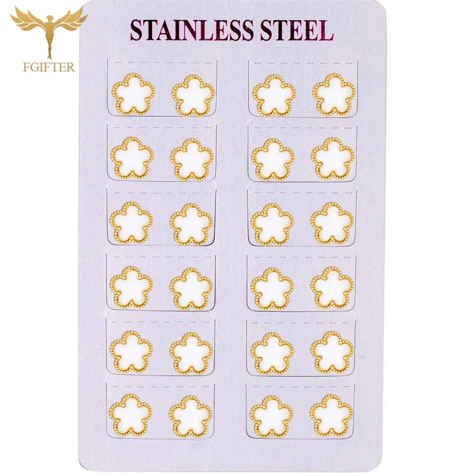 12 Pairs Luxury Golden Stainless Steel Stud Earrings Get Thin Pearl Sheet White Flower Earrings Women Fashion Jewelry Wholesale