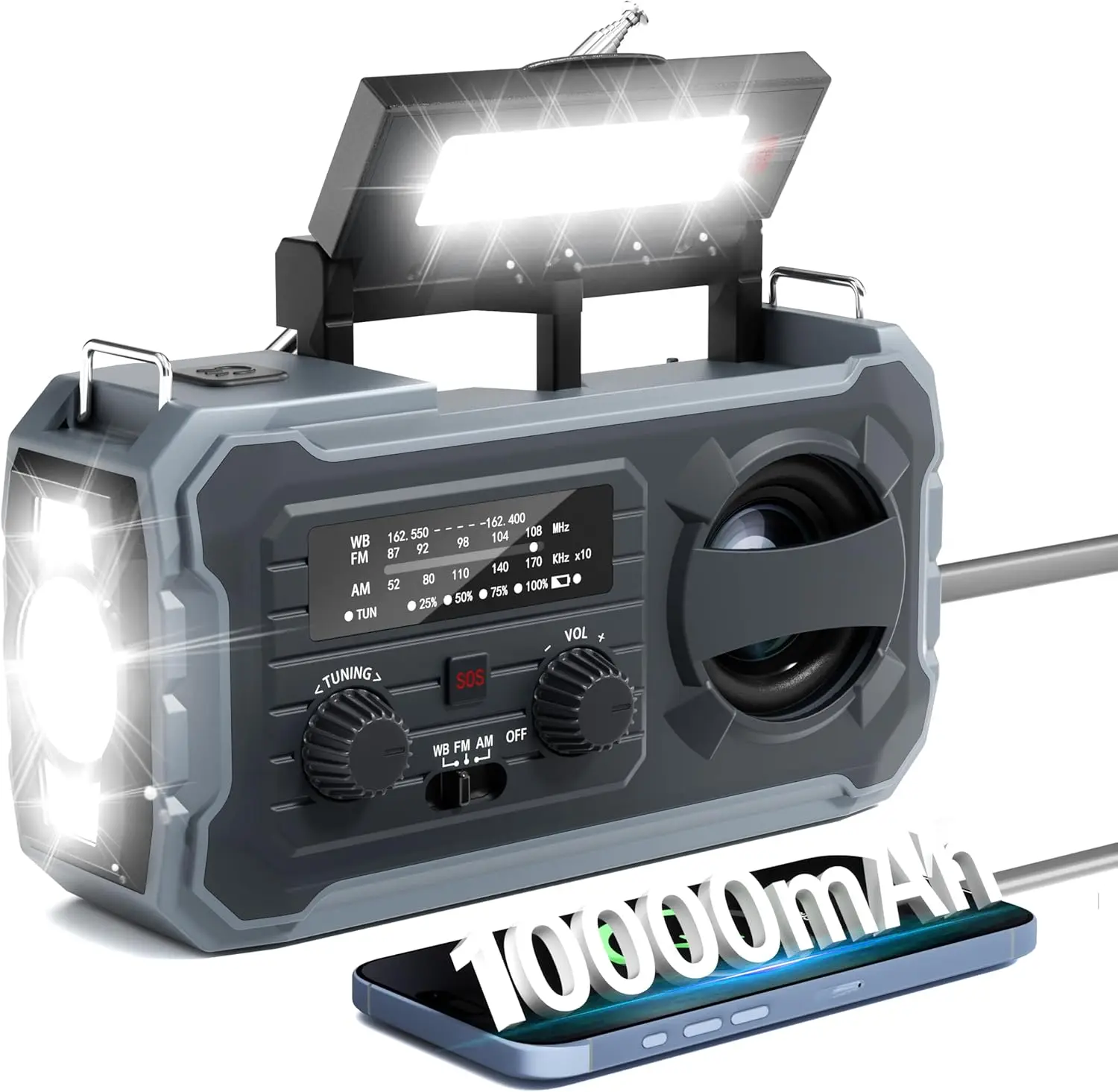 

Hand Crank Emergency Radio, 10000mAh Weather Radio with AM/FM/NOAA, Solar Prower, SOS Alarm, Phone Charging, LED Flashlight