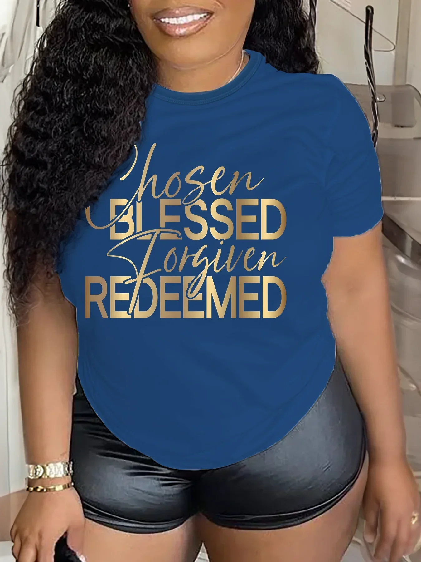 Artı Boyutu kadın Yaz Rahat Kısa Kollu Yuvarlak Yaka Üst T-Shirt Baskı Grafik BLESSED REDEEMED Artı Boyutu Moda T-Shirt