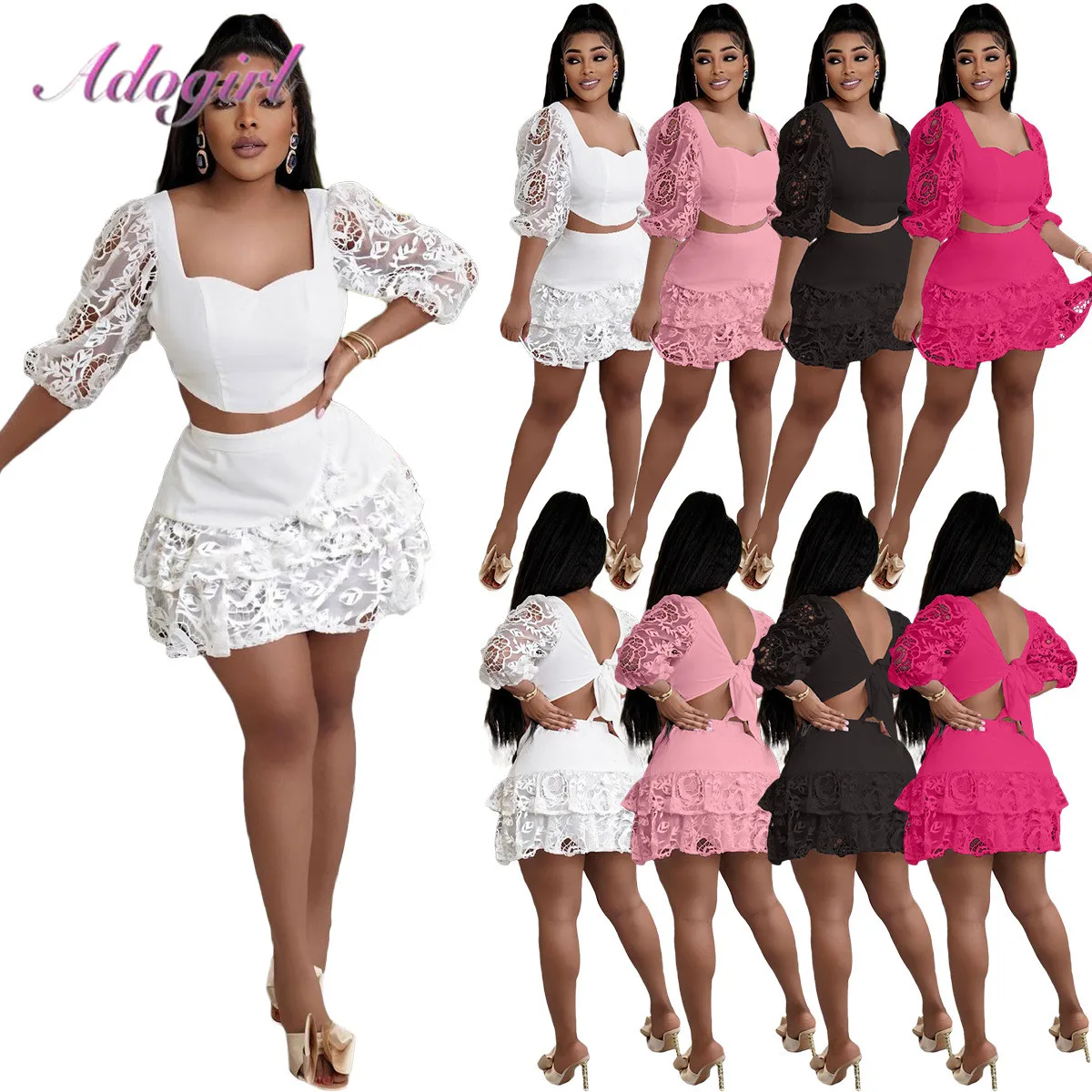 

Sexy Lace Spring Skirt Suit Women Two Piece Set Solid Short Sleeve Backless Crop Tops Pleated Mini Skirt Party Club Matching Set
