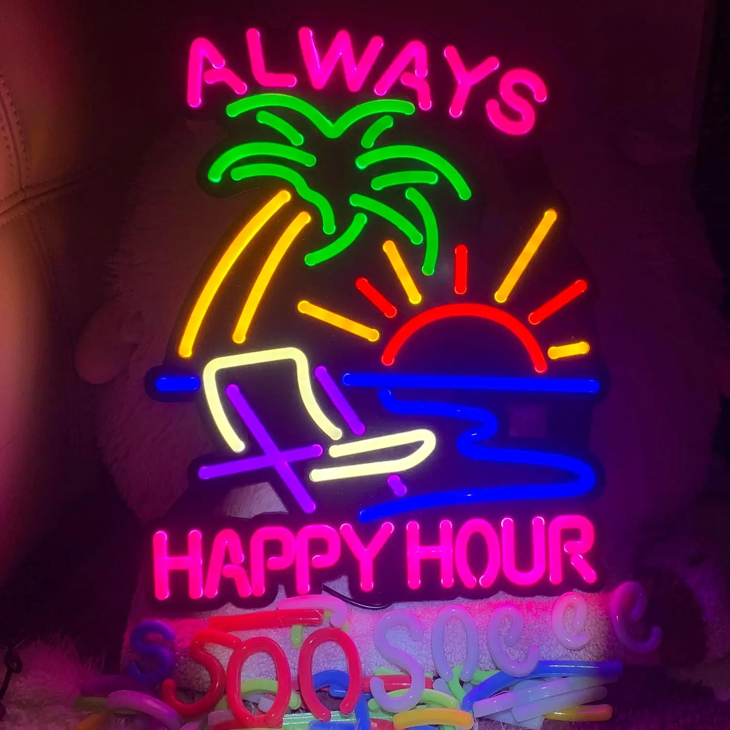 Always Happy Hour LED Neon Sign USB Neon Light Wall Hanging Lamp for Beach Party Tiki Bar Gaming Room Home Decor Christmas Gift