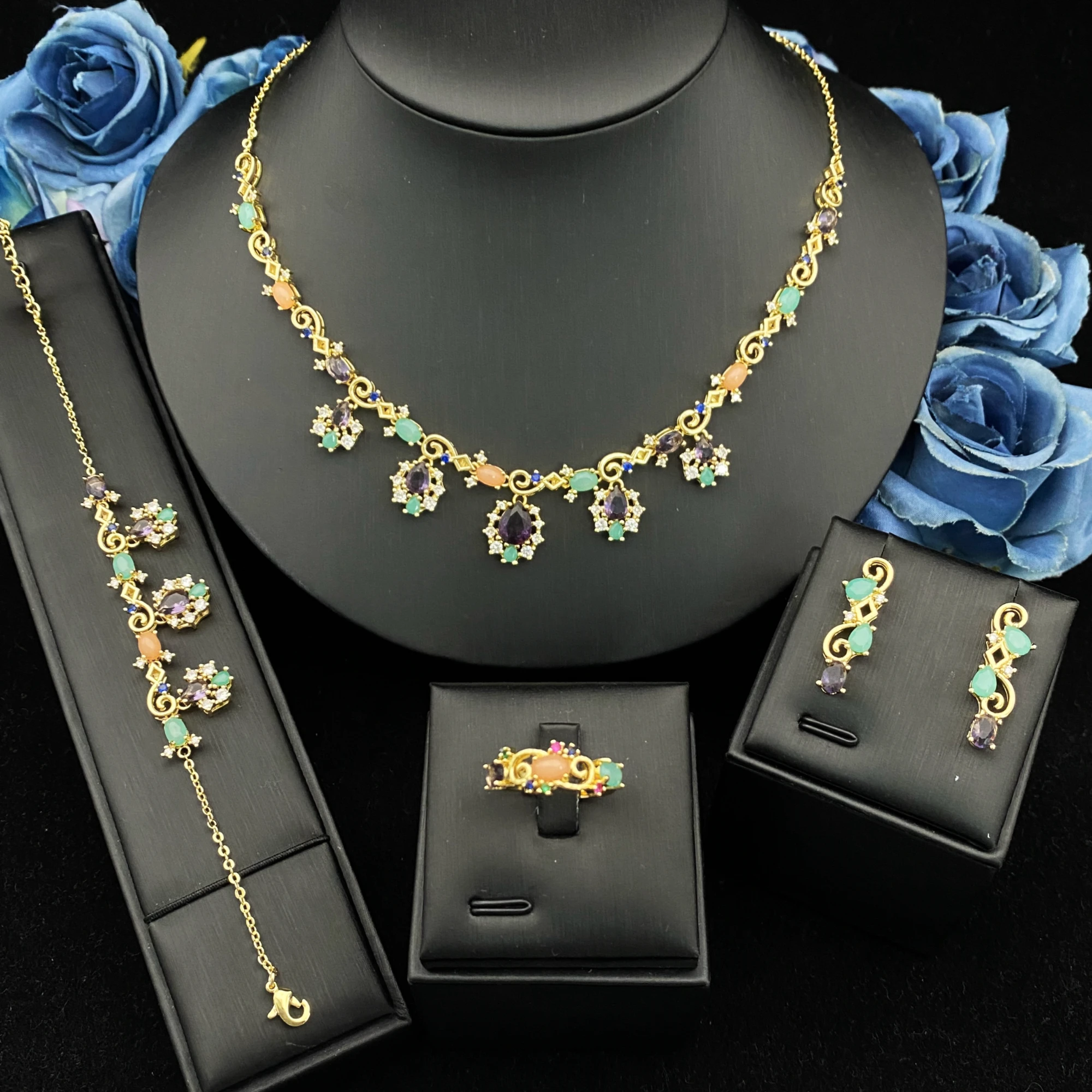 

JRH Fashion Prom Zircon Jewelry Set for Women Copper Gold Plated Full Set with Necklace Earrings Ring Bracelet
