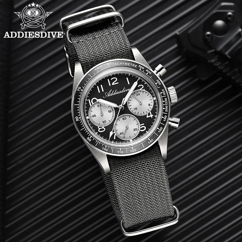 

ADDIESDIVE Chronograph Quartz Man Watch Waterproof Bubble Glass Super Luminous Ceramic Bezel Nylon Strap Fashion Watch For Man