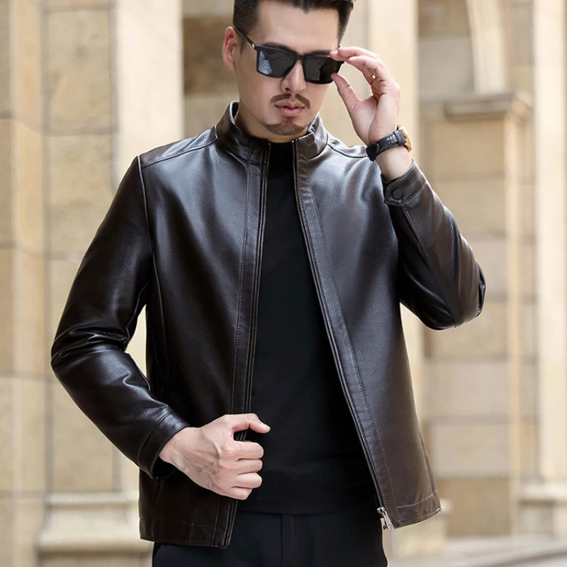 Chaqueta de cuero de vaca para hombre de mediana edad, chaqueta de cuero grueso con cuello levantado, informal, de negocios, Color sólido, talla grande, novedad de 2023