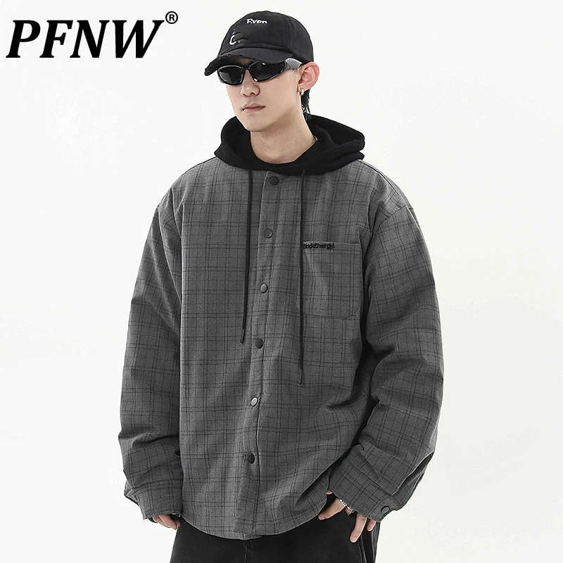 PFNW American Vintage Splicing Plaid Parkas Jacket Men's  Winter Thickened Loose Hooded Cardigan Cotton-padded Coat Tide CPG2201