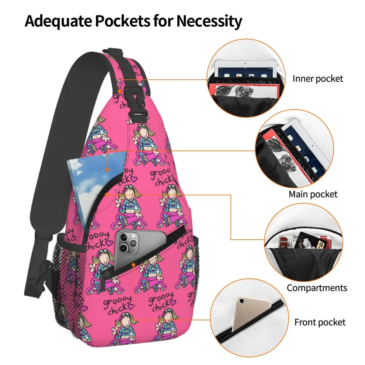 Groovy Chick Girls 2000s Y2K Vintage Chest Bag Men Sling Crossbody Backpack Chest Bag Traveling Hiking Daypack Shoulder Bag
