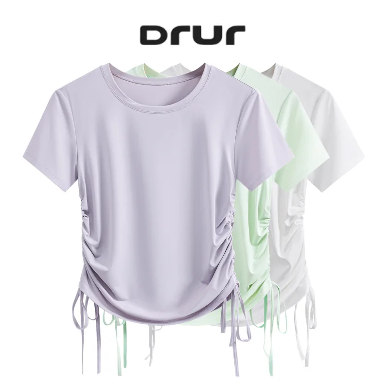 DRUR Summer Yoga Tops With Drawstring Side Ruched Lightweight Thin Workout T-Shirt for Women Elegant Ballet Dance Shirt 2026 New
