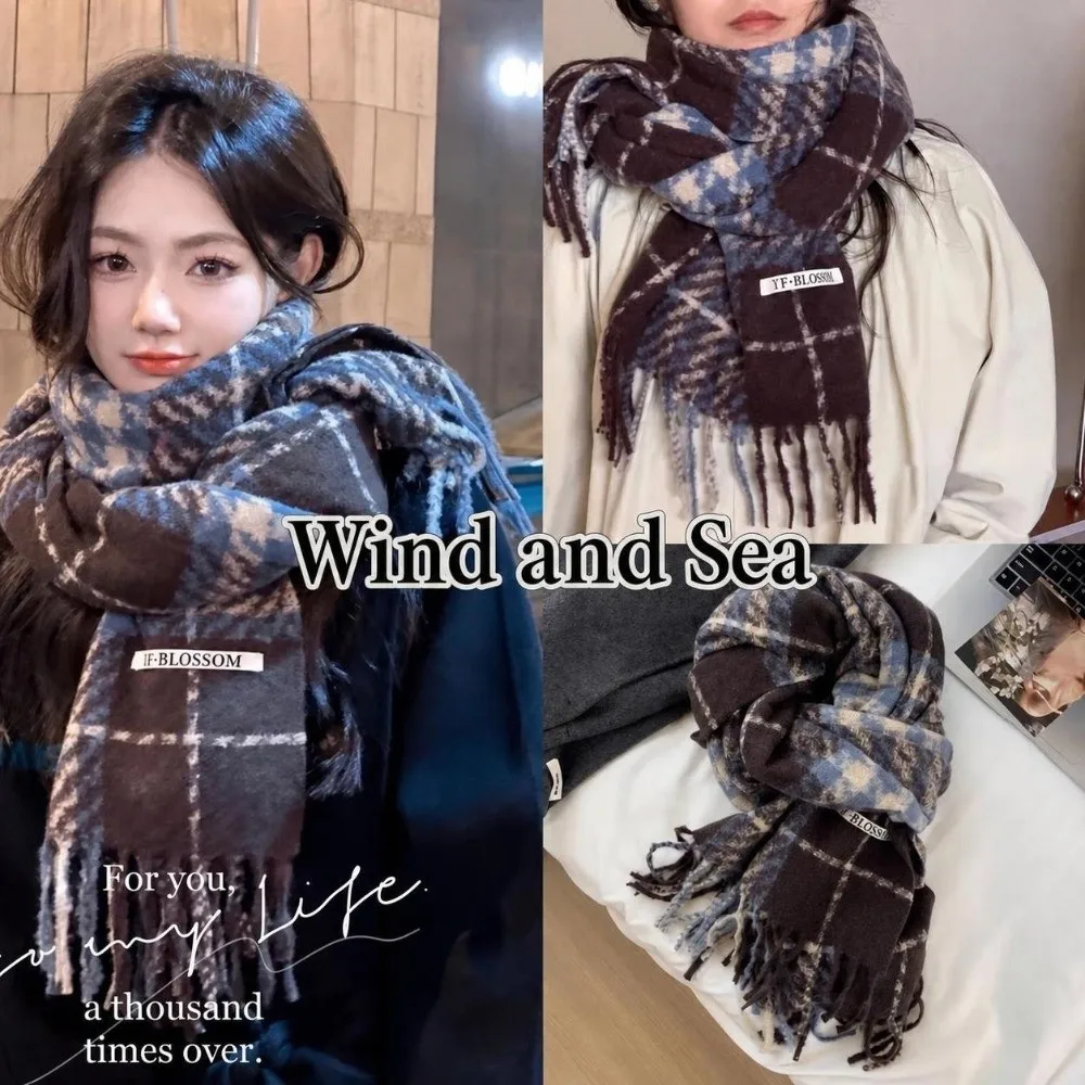 Polyester Fabric Plaid Faux Cashmere Scarf 200cm x 63cm Tassel Design Soft Warm Winter Scarf Versatile Shawl Wrap For Women