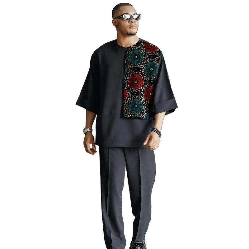 Original Design 3/4 Sleeves Groom Suit Patchwork Tops +Elastic Waist Trousers African Print Black Set Customized
