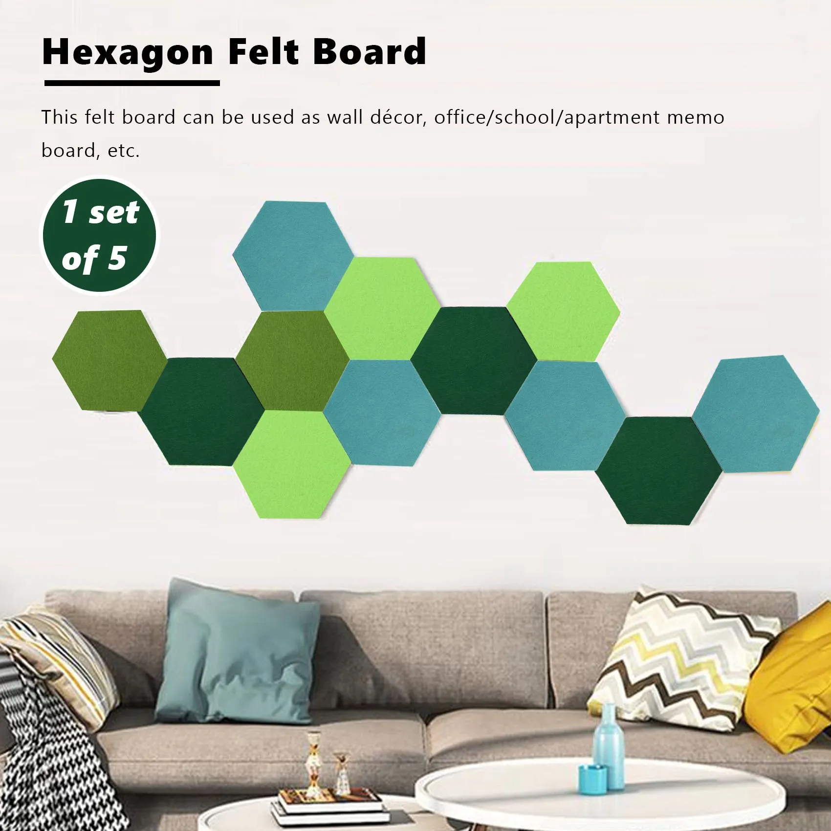 Solid 10Pcs/Set Hexagon Felt Board Hexagonal Felt Wall Sticker Multifunction 3D Decorative Home Message Board Green Series