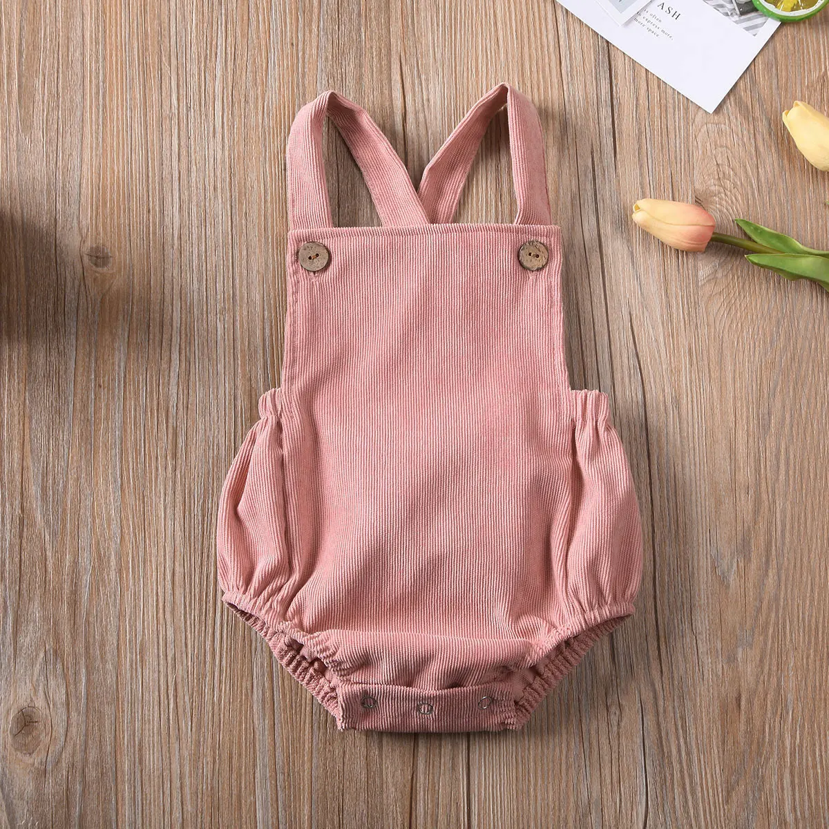 

Newborn Baby Corduroy Sleeveless Square Collar Romper, Solid Color Backless Cross Strap Jumpsuit Infant Summer Clothes 0-24M
